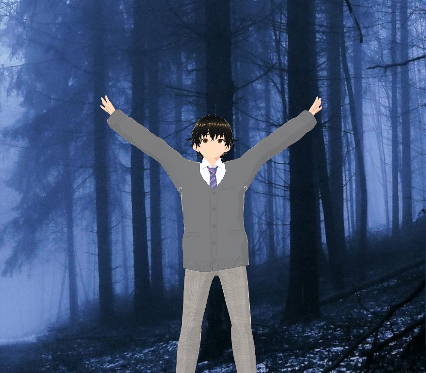 Wacky in a forest stretching his arms out