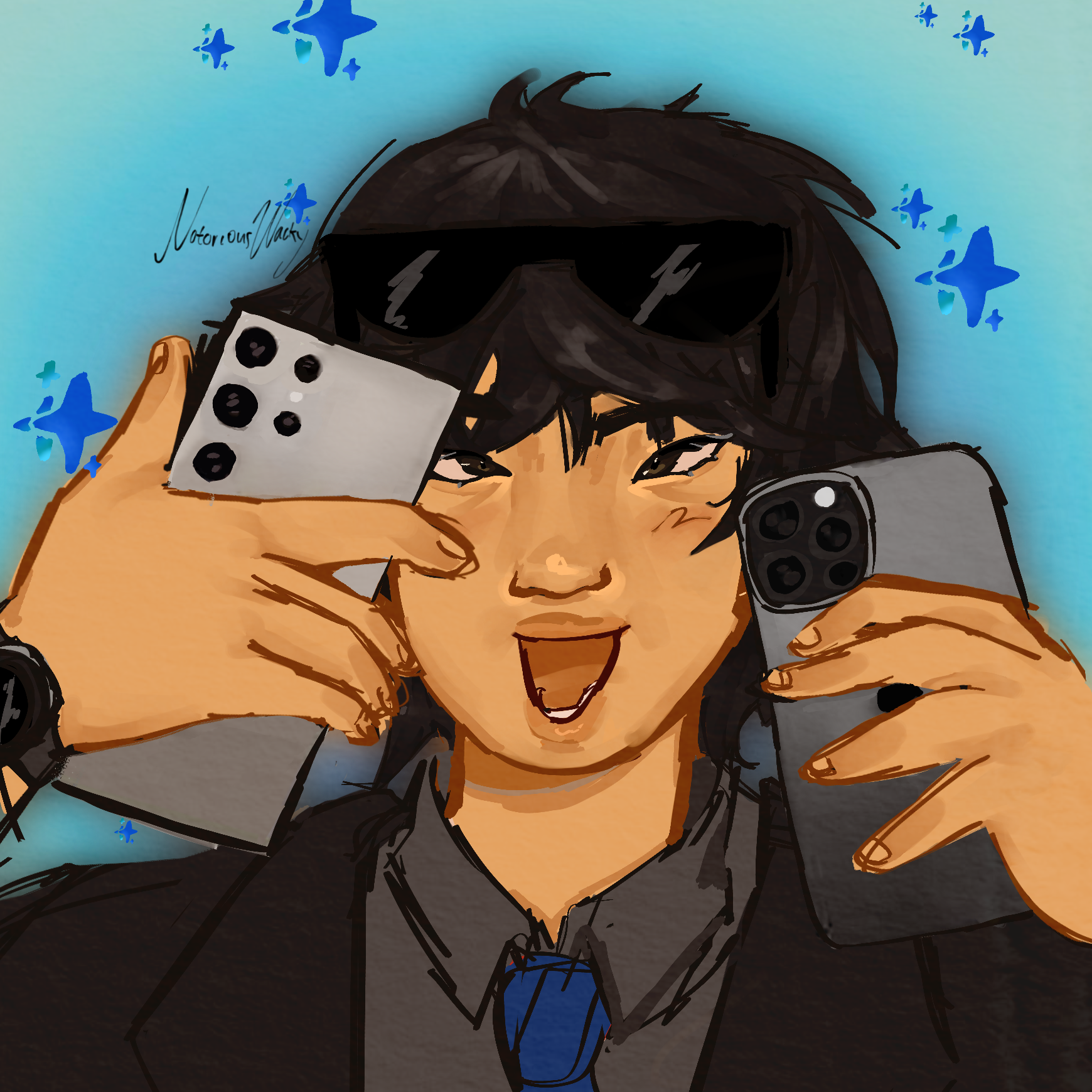 A drawing of Wacky holding a Samsung and iPhone